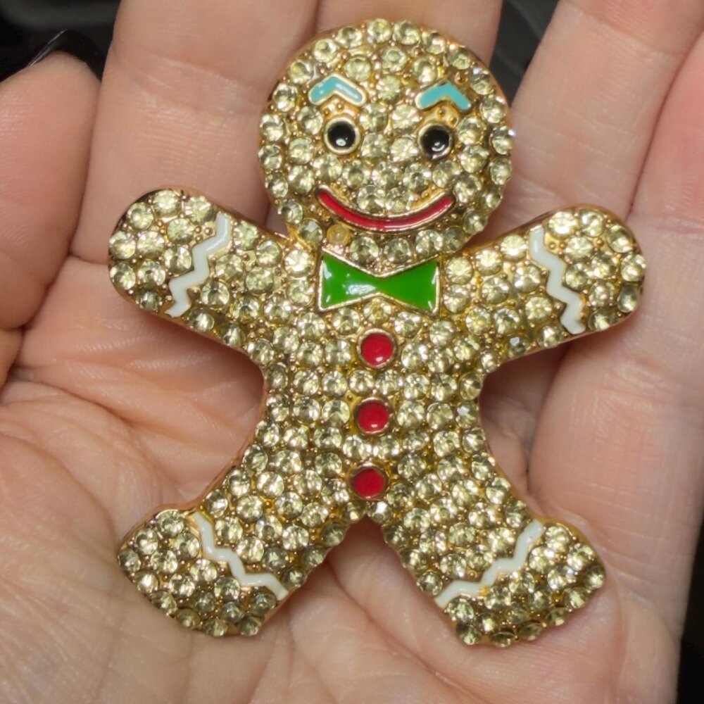 Gingerbread Man Brooch Rhinestone Christmas Holiday Pin 2.5 Inch